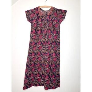 Vintage Muumuu Maxi House Dress Earthy Leaf Block Print Hippie Boho Country 70s